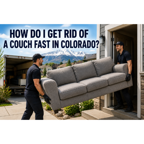 Same-day couch removal service in Colorado removing heavy sofa from house
