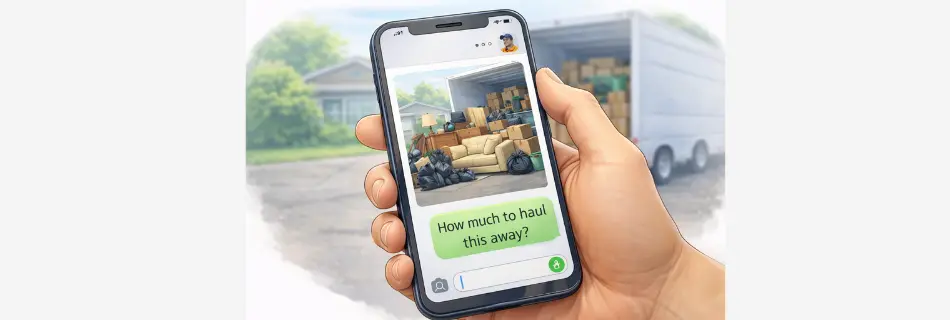 person sending junk removal photo by text message to get upfront price quote