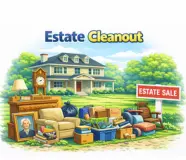 estate cleanout in Colorado showing furniture and belongings removed from a home with estate sale sign