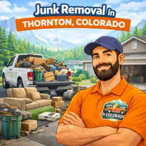 Junk removal in Thornton Colorado with pickup truck loaded with junk and furniture removal service