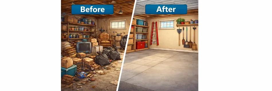 Before and after property cleanout showing a cluttered space turned into a clean and empty area in Colorado