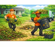 Yard debris removal in Colorado with workers clearing branches, leaves, and yard waste