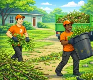 Yard debris removal in Colorado with workers clearing branches, leaves, and yard waste from a residential property