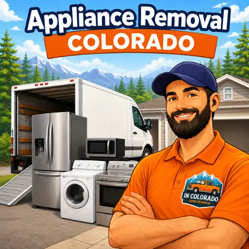 Appliance removal in Colorado with refrigerator, washer, stove, and microwave pickup beside a removal truck