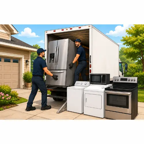Appliance removal in Colorado with movers loading a refrigerator, washer, dryer, microwave, and stove into a truck