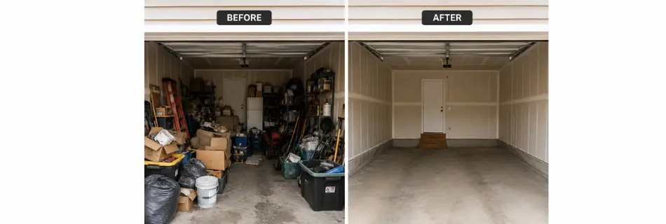 Before and after garage cleanout showing junk removal transformation in Colorado garage