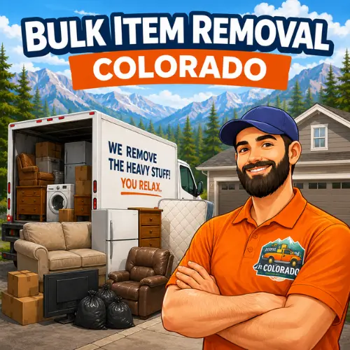 Bulk item removal service in Colorado with truck hauling furniture, appliances, mattresses, and bulky junk