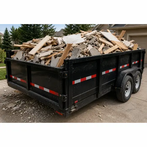 Debris removal trailer loaded with renovation debris and construction cleanup material in Colorado