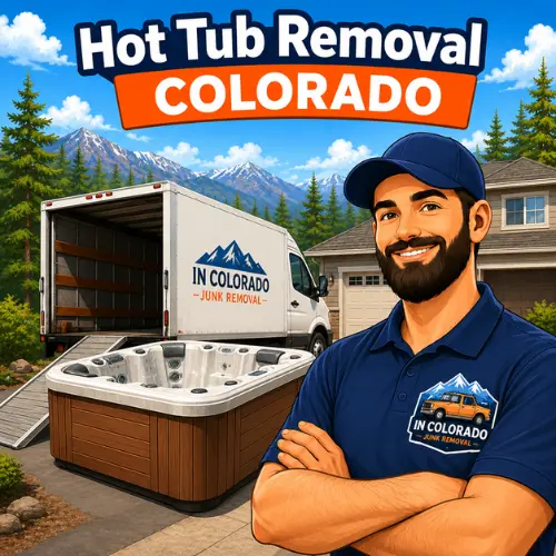 Hot tub removal in Colorado with spa and jacuzzi pickup beside a junk removal truck