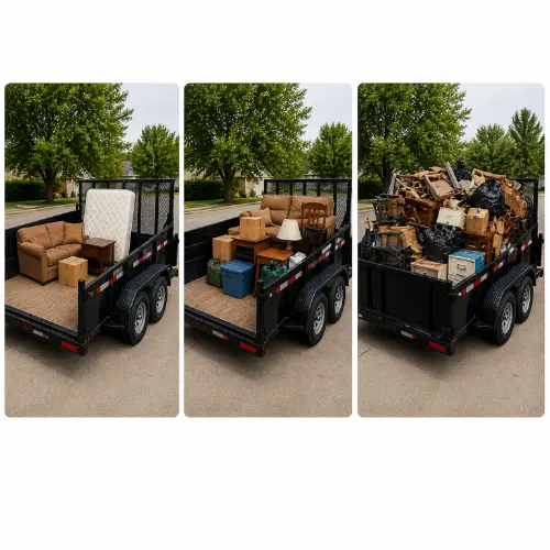Junk removal pricing examples in Colorado showing trailer loads from small pickup to full cleanout