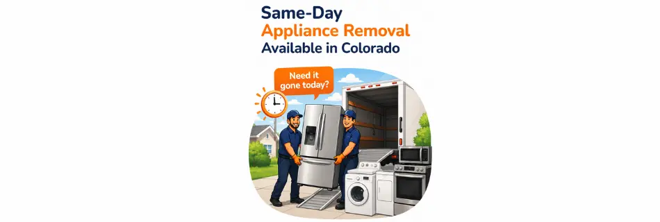 Same-day appliance removal in Colorado with movers hauling away a refrigerator, washer, dryer, and stove