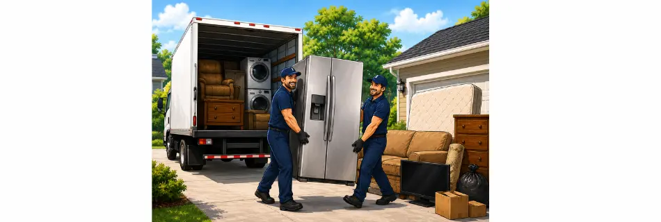 Same-day bulk item pickup crew removing furniture, appliances, mattress, and bulky junk in Colorado