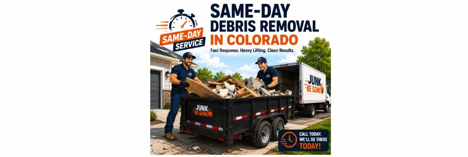 Same day debris removal in Colorado with trailer loaded with renovation and construction debris