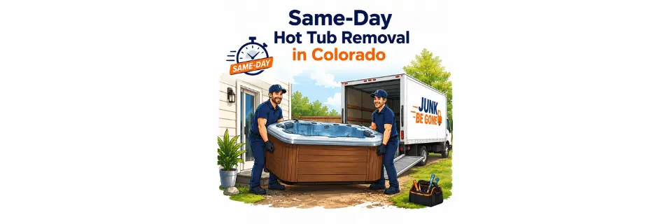 Same-day hot tub removal in Colorado with movers hauling away a spa and jacuzzi for fast pickup